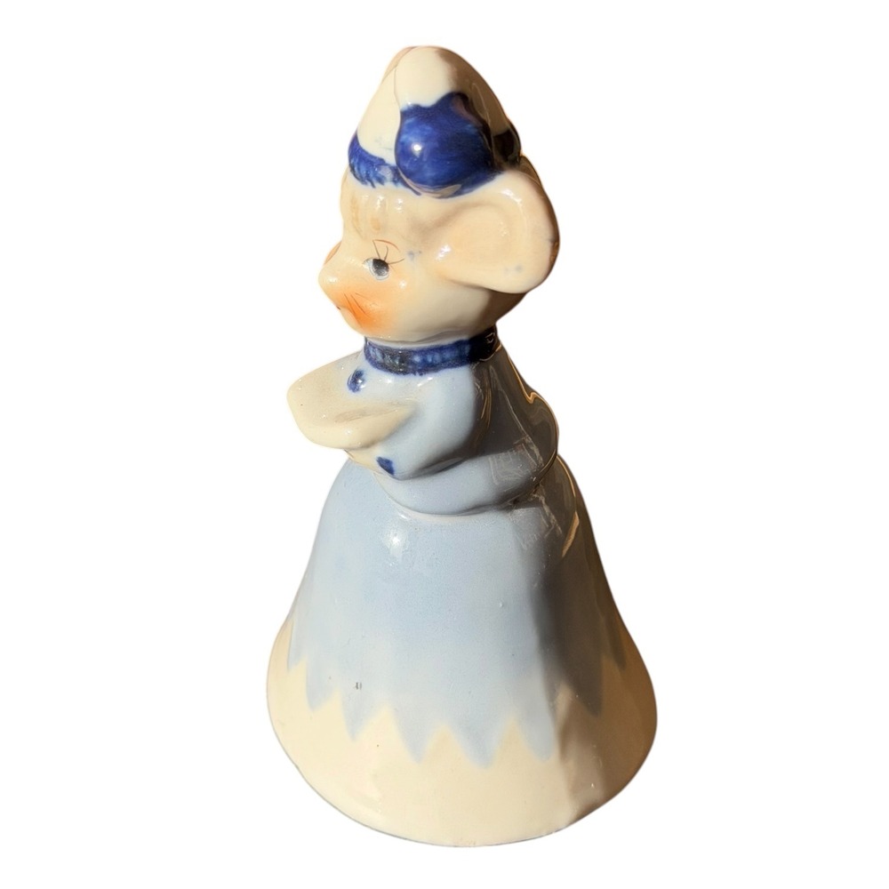 Vintage Ceramic Mouse Bell Figurine Blue Dress Bonnet Hand Painted Kitsch Decor - Picture 3 of 10